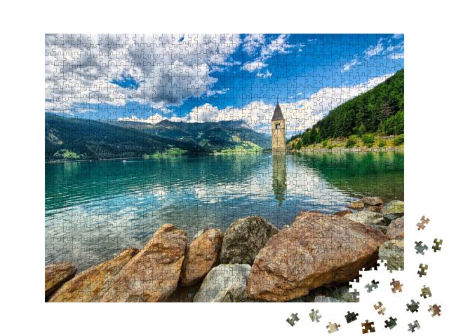 Puzzle de 1000 pièces « Clocher du lac de Resia (Resia) Tyrol du Sud »