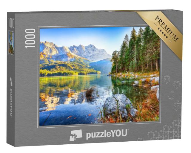 Puzzle de 1000 pièces « Eibsee devant le sommet de la Zugspitze dans la liste d'automne, Bavière, Allemagne »