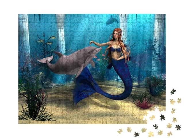 Puzzle de 1000 pièces « Sirène et dauphin dans un océan de fantaisie »