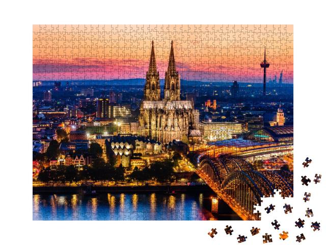 Puzzle de 1000 pièces « Panorama nocturne de la cathédrale de Cologne, du pont Hohenzollern et du Rhin »