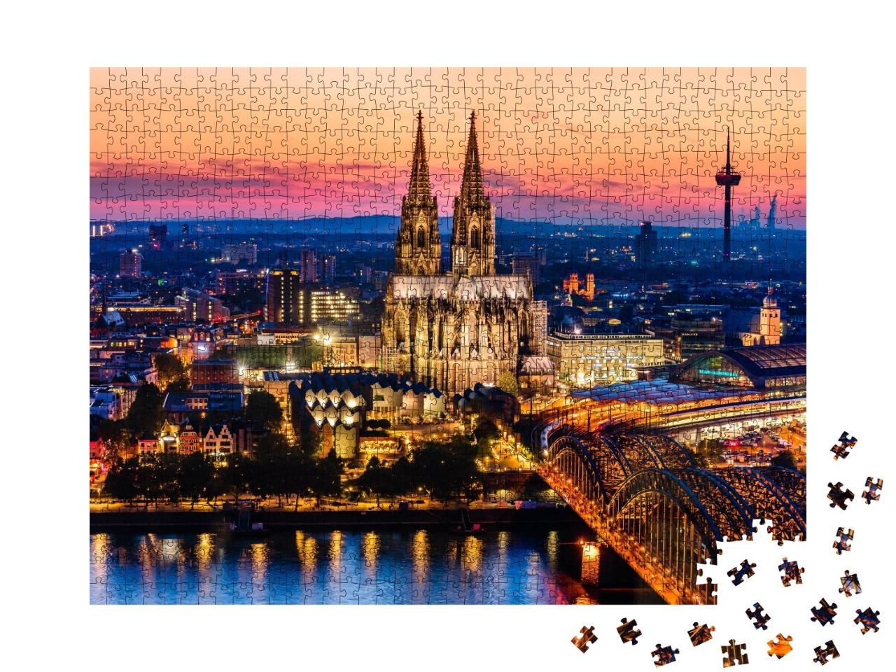 Puzzle de 1000 pièces « Panorama nocturne de la cathédrale de Cologne, du pont Hohenzollern et du Rhin »