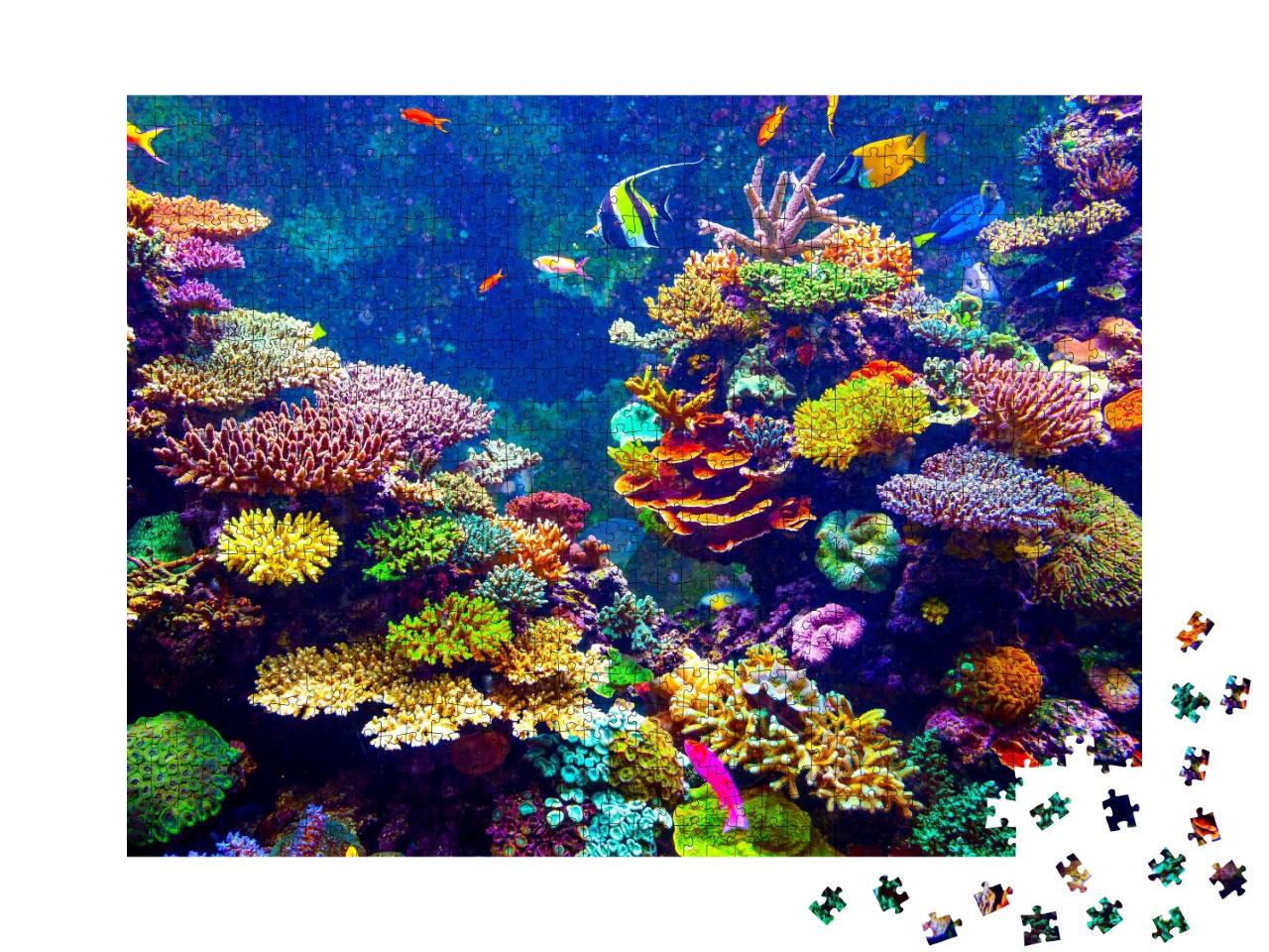 Puzzle de 1000 pièces « Aquarium de Singapour - Récif corallien et poissons tropicaux sous la lumière du soleil »