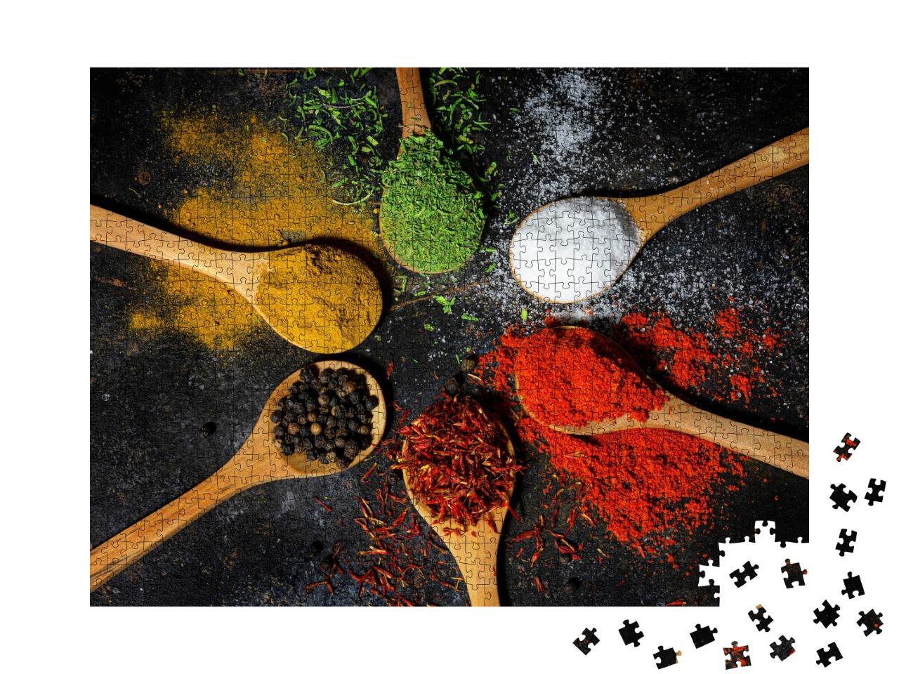 Puzzle de 1000 pièces « Sélection d'épices et d'herbes aromatiques sur des cuillères à épices »