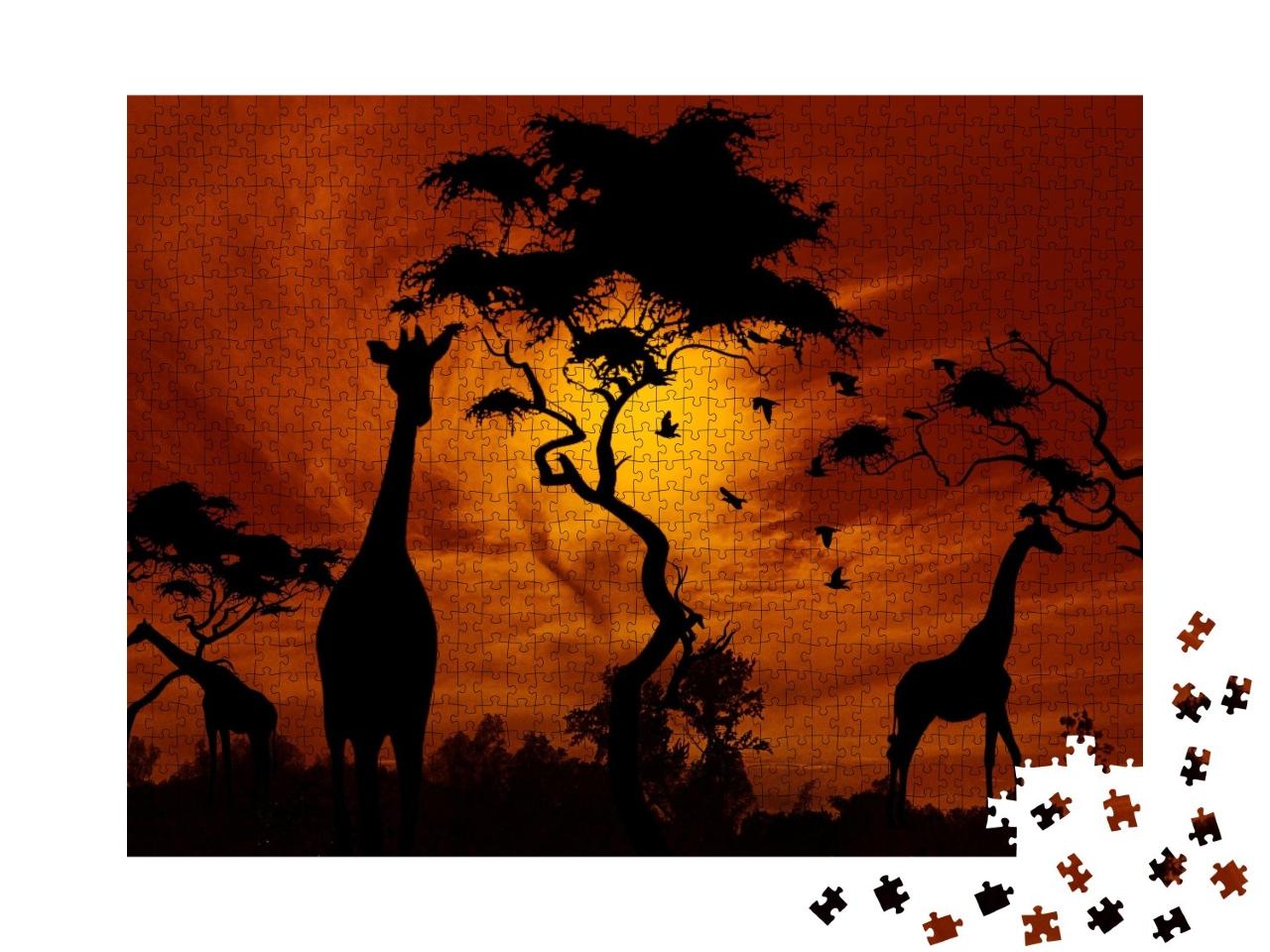 Puzzle de 1000 pièces « Girafes dans un coucher de soleil incandescent »