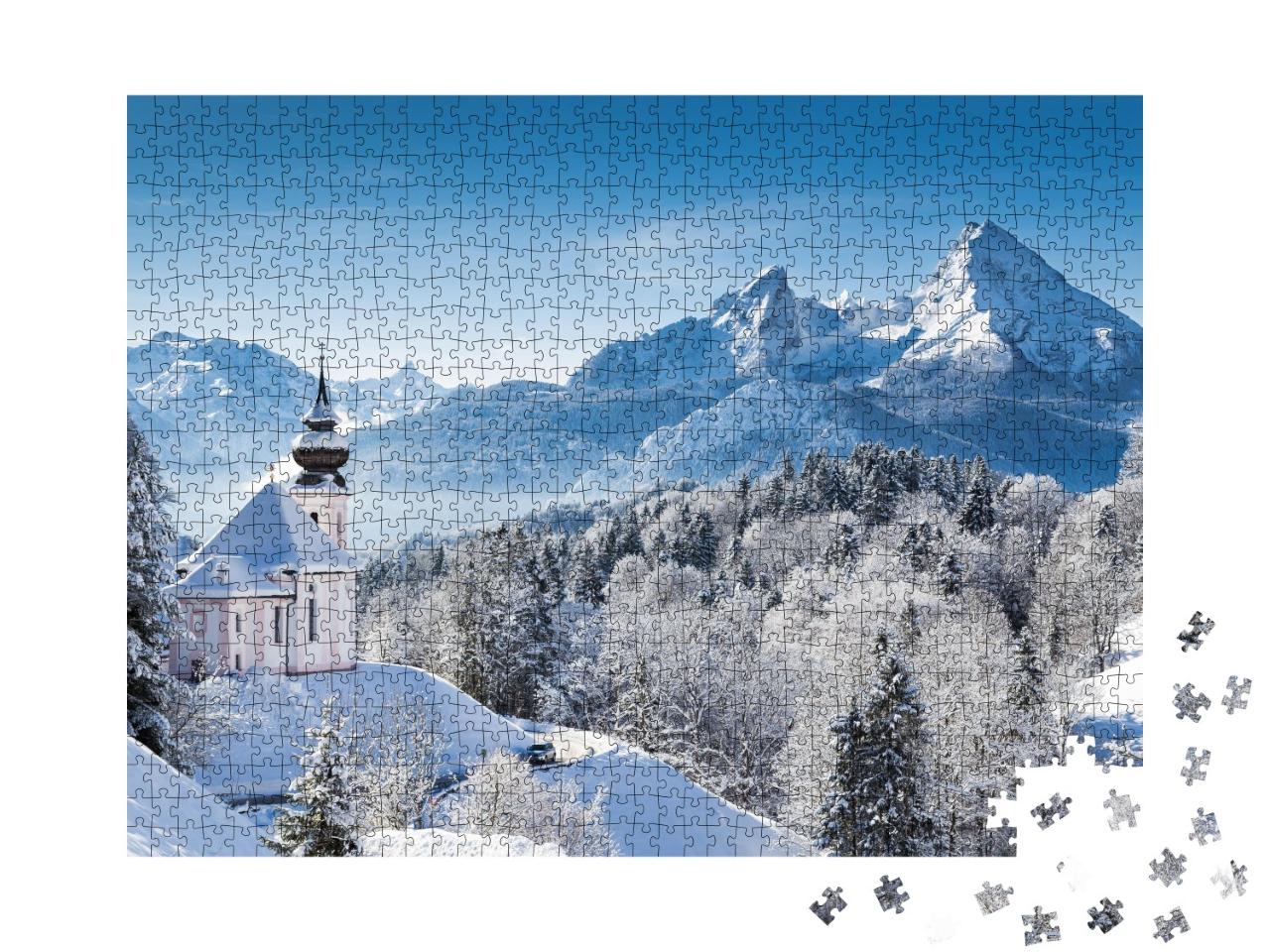 Puzzle de 1000 pièces « Église de pèlerinage et sommet du Watzmann en hiver, Berchtesgadener Land, Allemagne »