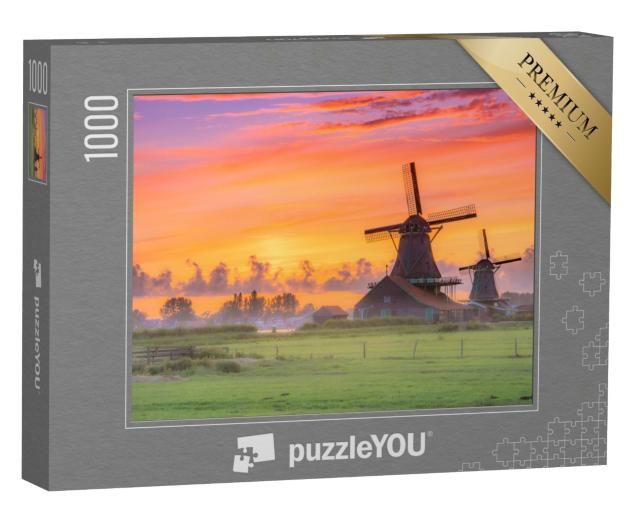 Puzzle de 1000 pièces « Moulins à vent au coucher du soleil, Pays-Bas »