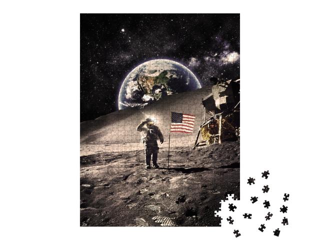 Puzzle de 1000 pièces « Astronaute vintage avec drapeau sur la lune »