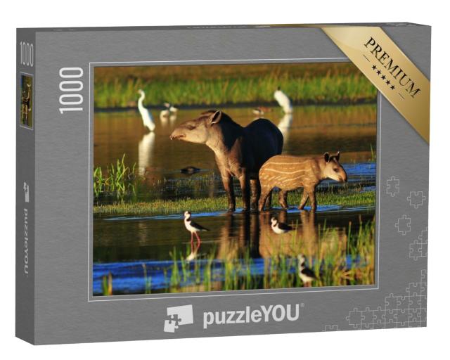 Puzzle de 1000 pièces « Une mère tapir et son bébé au bord d'un point d'eau »