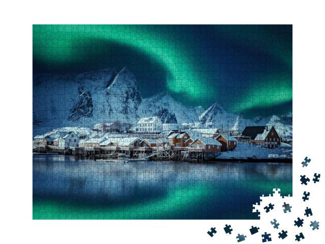 Puzzle de 1000 pièces « Paysage hivernal avec aurore boréale au-dessus de Reine »
