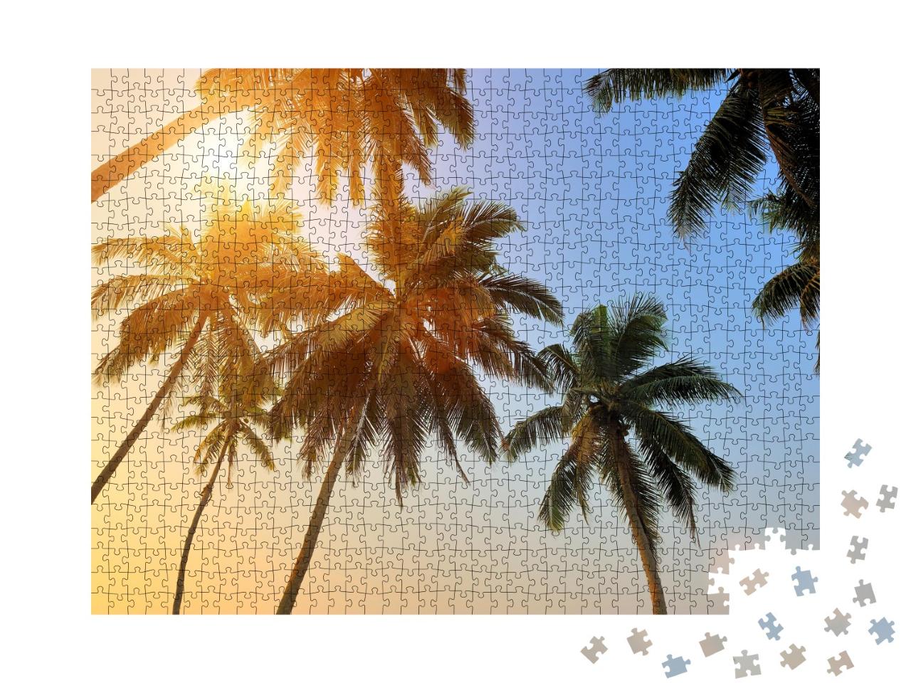 Puzzle de 1000 pièces « Beau coucher de soleil tropical avec des palmiers sur la plage »