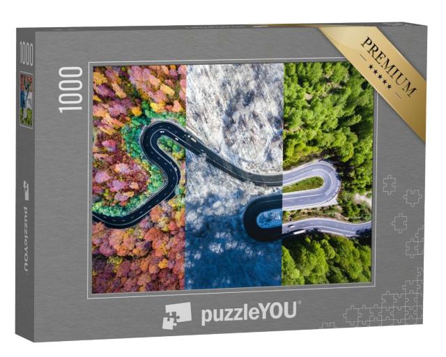 Puzzle de 1000 pièces « Route sinueuse dans la forêt au fil des saisons »