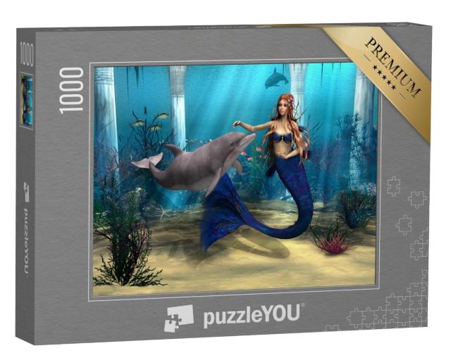 Puzzle de 1000 pièces « Sirène et dauphin dans un océan de fantaisie »