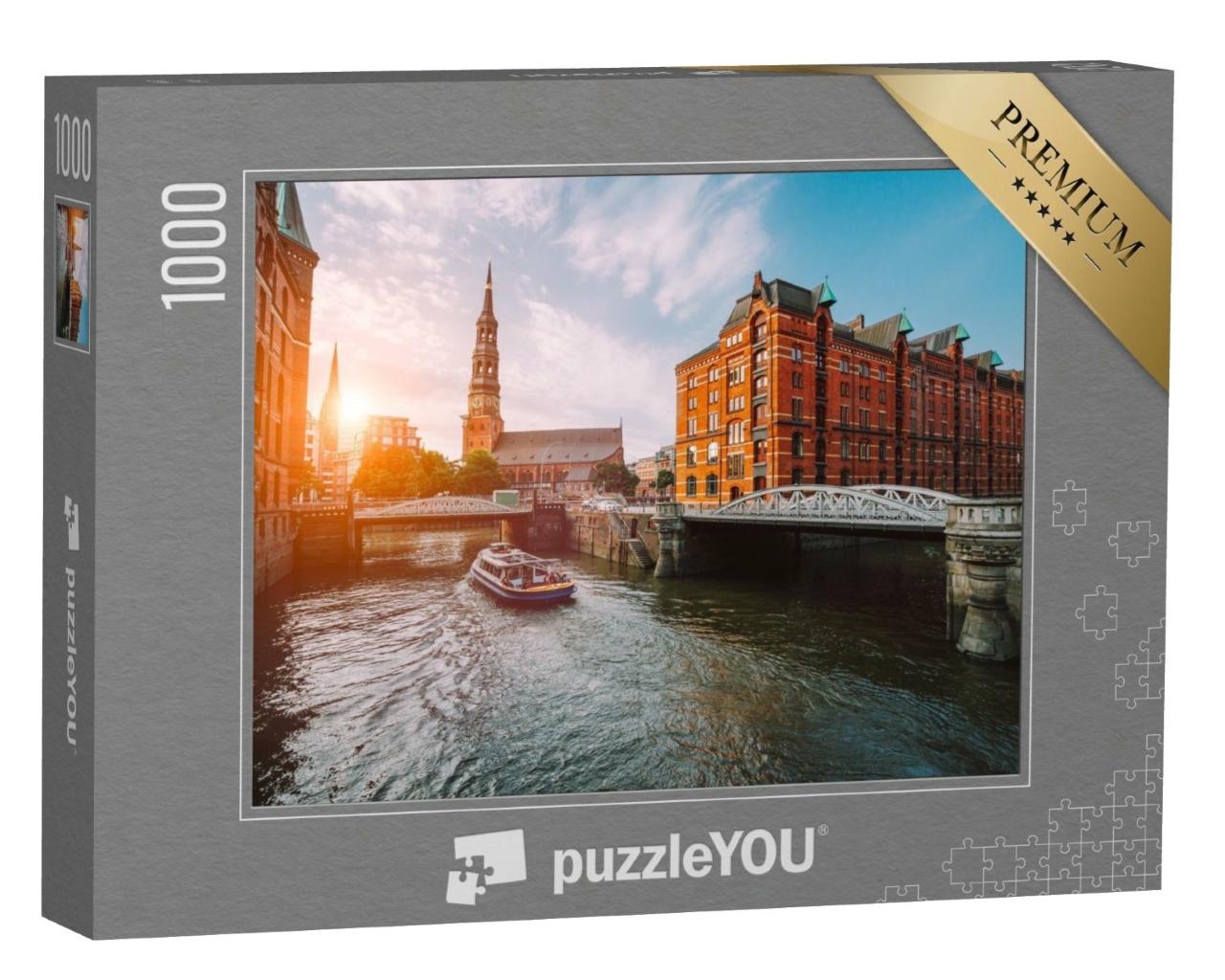 Puzzle de 1000 pièces « Speicherstadt Hambourg au coucher du soleil doré »