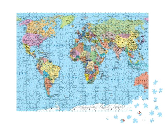 Puzzle de 1000 pièces « Carte du monde en couleur - frontières, pays, routes et villes »