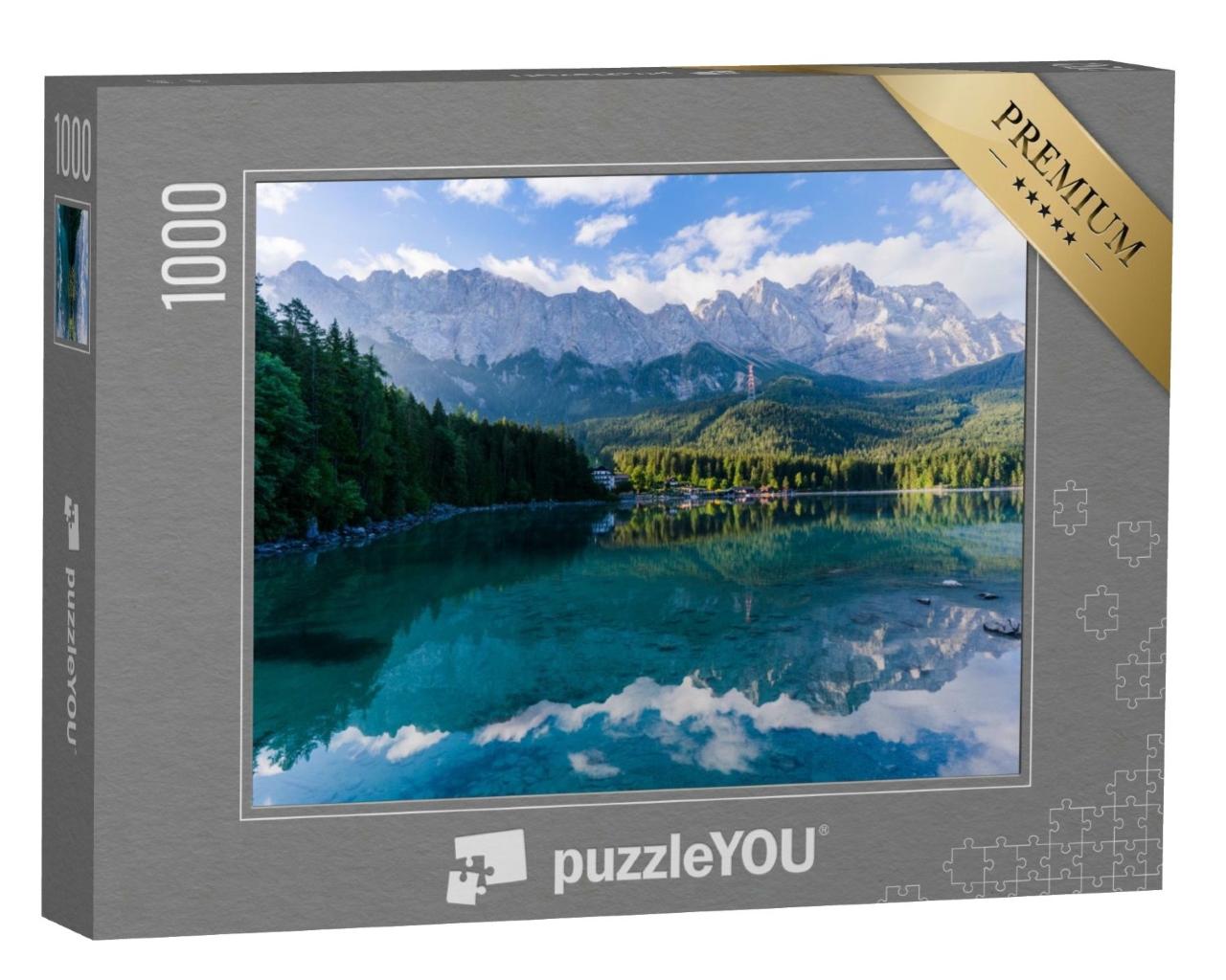Puzzle de 1000 pièces « Beau lever de soleil estival et nuageux sur l'Eibsee dans les Alpes allemandes »