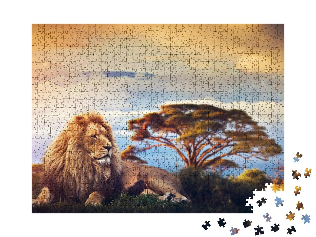Puzzle de 1000 pièces « Un lion couché au milieu de la savane devant le Kilimandjaro »