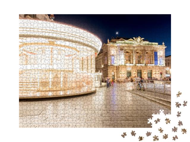 Puzzle de 1000 pièces « Vue nocturne de la place de la Comédie avec le bâtiment de l'Opéra et le carrousel à Montpellier »