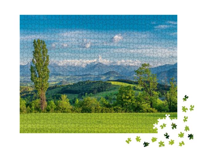 Puzzle de 1000 pièces « Magnifiques collines vertes et hautes montagnes en Provence, France. Paysage printanier à la campagne »