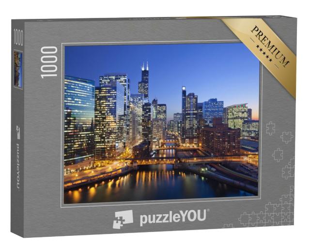 Puzzle de 1000 pièces « Le centre-ville de Chicago et la rivière Chicago avec ses ponts au coucher du soleil »