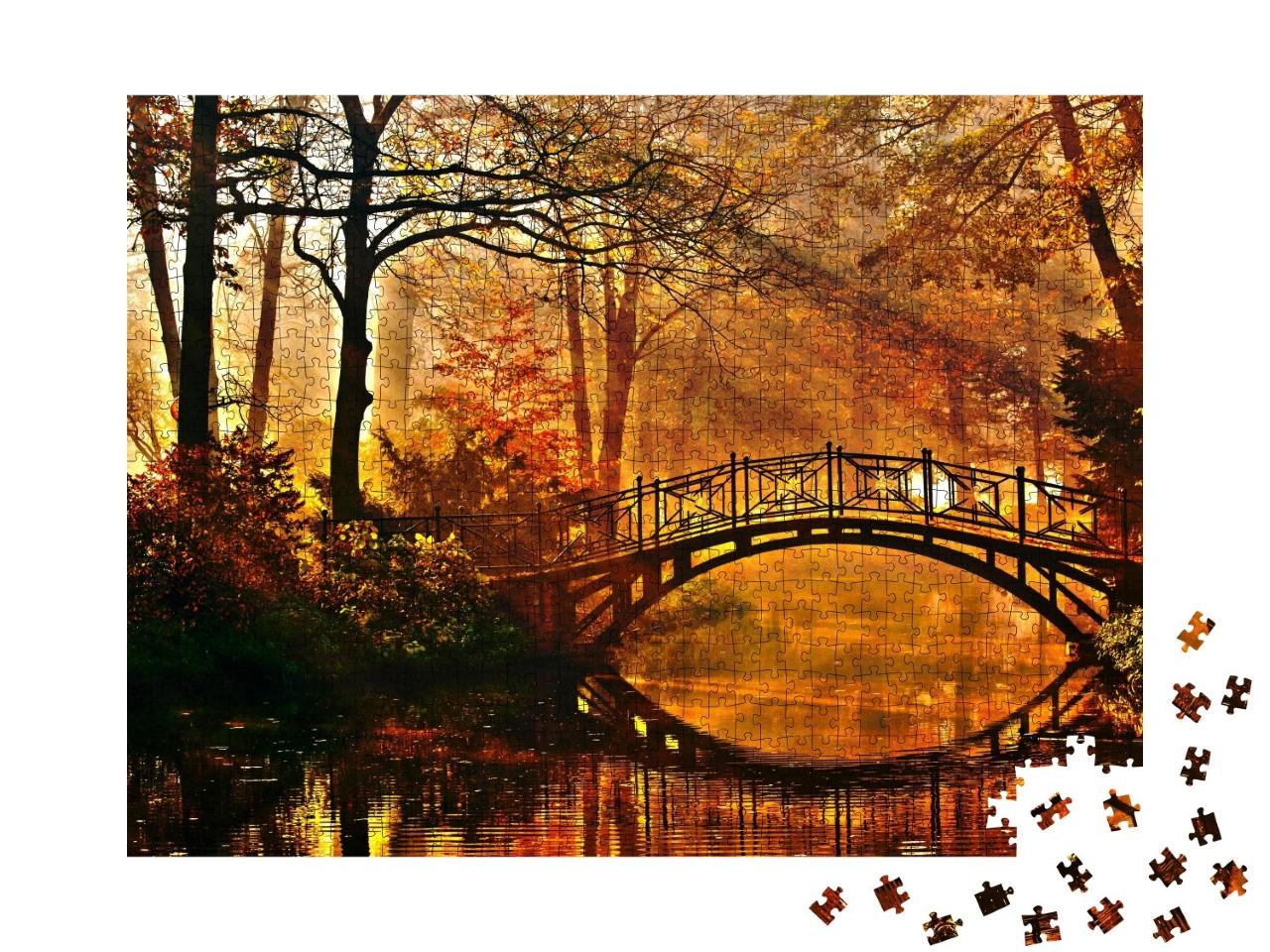 Puzzle de 1000 pièces « Vieux pont dans un parc brumeux en automne »