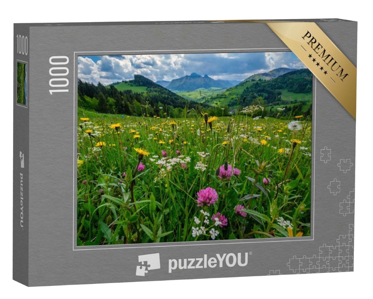 Puzzle de 1000 pièces « Une prairie pleine de fleurs de montagne avec la Mala Fatra en toile de fond »