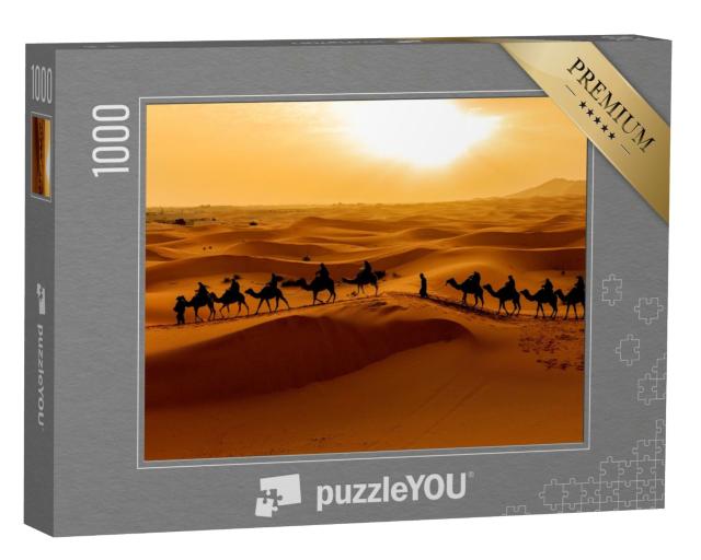 Puzzle de 1000 pièces « Caravane de chameaux : des touristes explorent le désert du Sahara, Maroc »