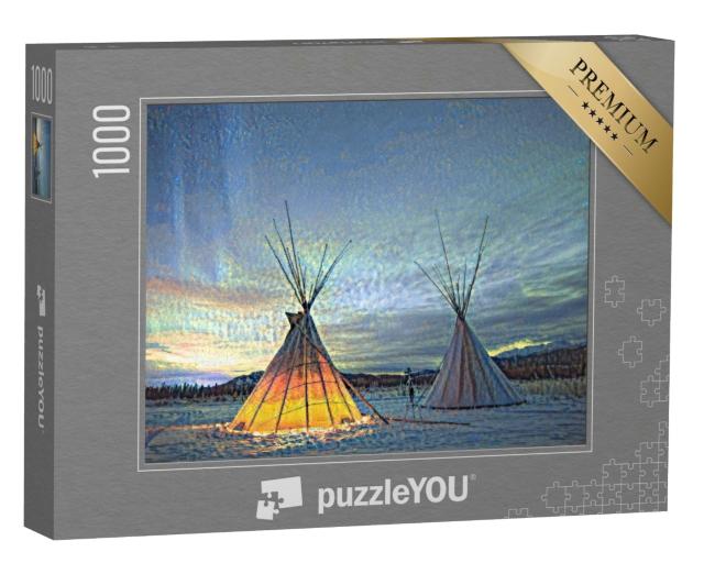 Puzzle de 1000 pièces « dans le style de Paul-Cezanne - Tipies sous l'aurore boréale dans le Yukon, Canada »