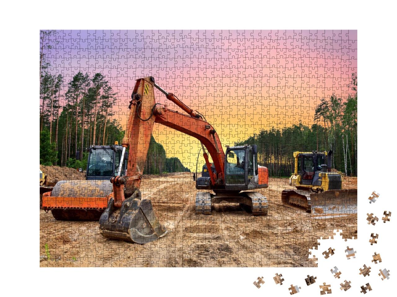 Puzzle de 1000 pièces « Bulldozers, excavateurs et compacteurs de sol lors de travaux routiers »