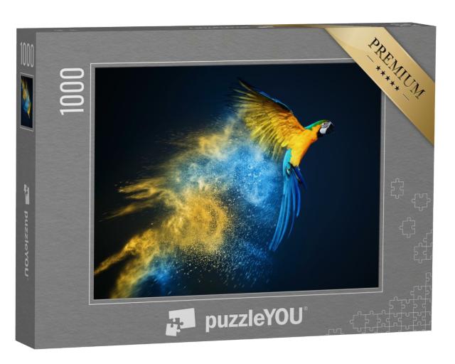 Puzzle de 1000 pièces « Un perroquet ara volant au-dessus d'une explosion de poudre colorée »