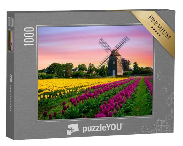 Puzzle de 1000 pièces « Moulin à vent dans un champ de tulipes avec des fleurs »