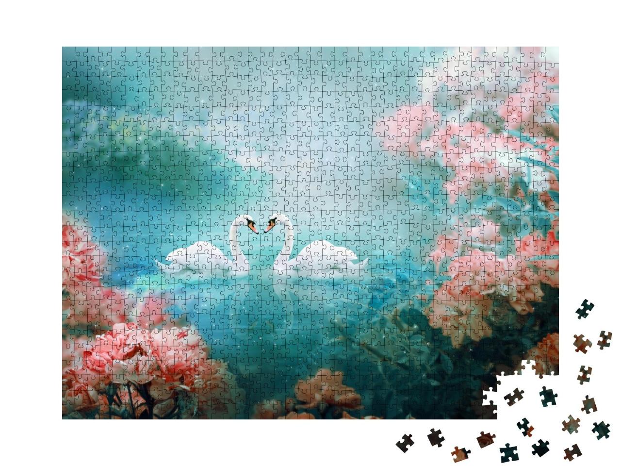 Puzzle de 1000 pièces « Deux cygnes blancs nagent dans un paysage de conte de fées »