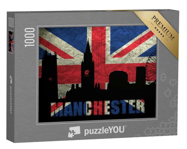 Puzzle de 1000 pièces « La ligne d'horizon de Manchester sur le drapeau grunge britannique »