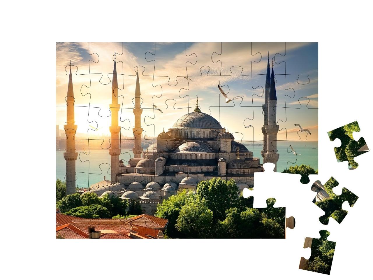 Puzzle de 48 pièces « Des mouettes au-dessus de la Mosquée bleue et du Bosphore à Istanbul »