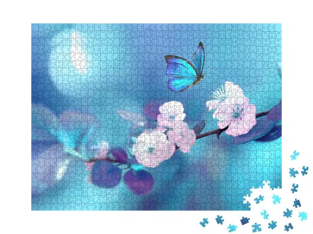 Puzzle de 1000 pièces « Papillon bleu en vol au-dessus d'une branche d'abricotier en fleurs »