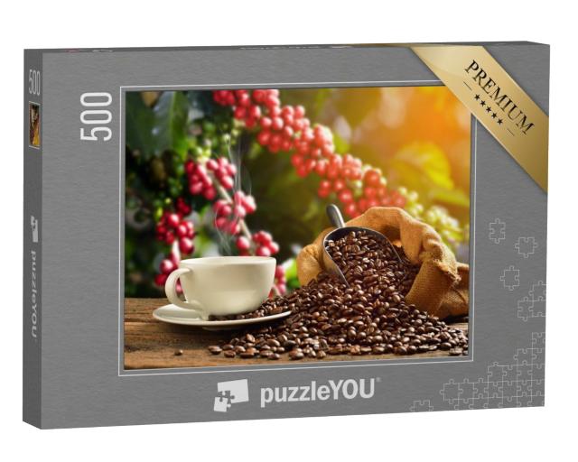 Puzzle de 500 pièces « Tasse de café fumant avec des grains de café »