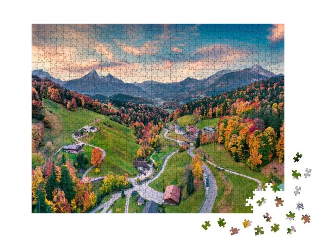 Puzzle de 1000 pièces « Eglise Maria Gern avec le sommet du Hochkalter, Alpes bavaroises »