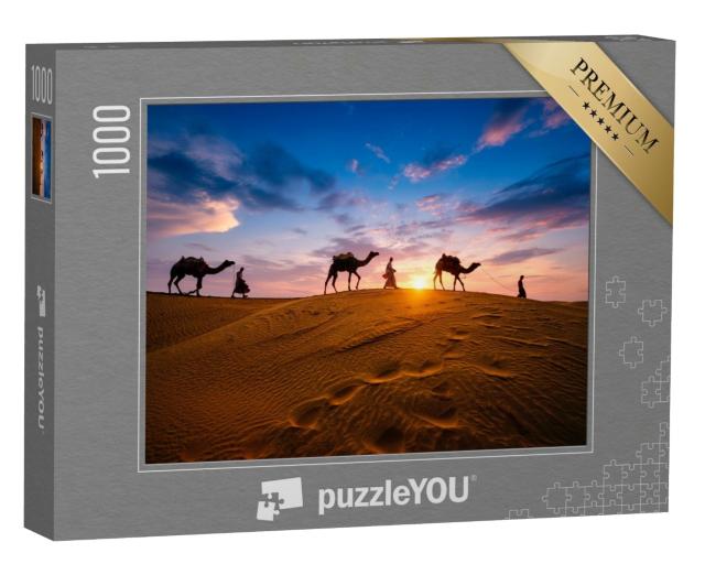 Puzzle de 1000 pièces « Conducteurs de chameaux dans les dunes de sable du désert de Thar, Inde »
