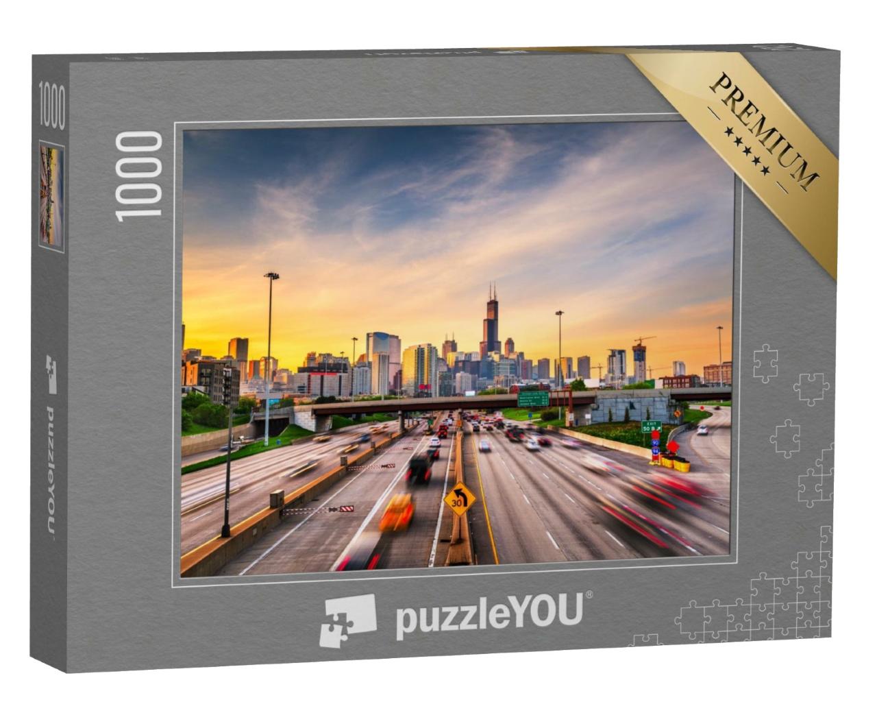 Puzzle de 1000 pièces « Paysage urbain et autoroutes de Chicago le matin, USA »