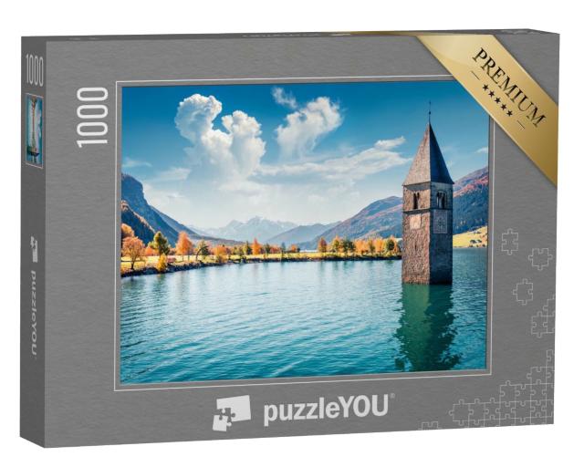 Puzzle de 1000 pièces « Vue pittoresque d'automne de la tour de l'église engloutie à Resia, Tyrol du Sud »