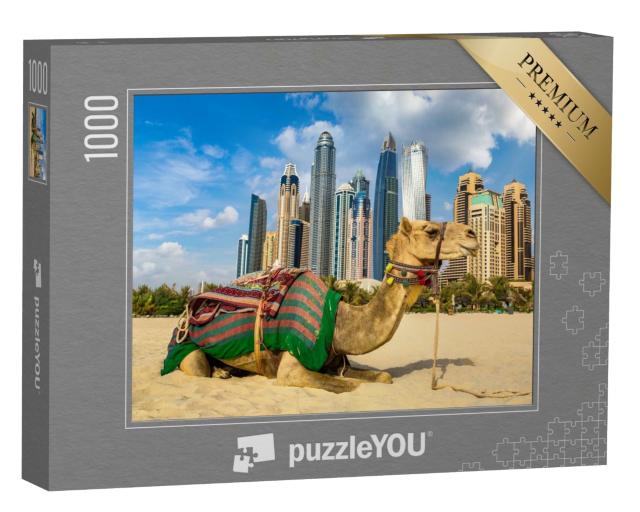 Puzzle de 1000 pièces « Chameau devant le skyline de la marina de Dubaï, Émirats arabes unis »