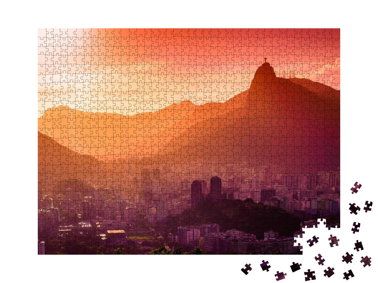 Puzzle de 1000 pièces « La statue du Christ au-dessus de Rio de Janeiro dans un coucher de soleil incandescent »