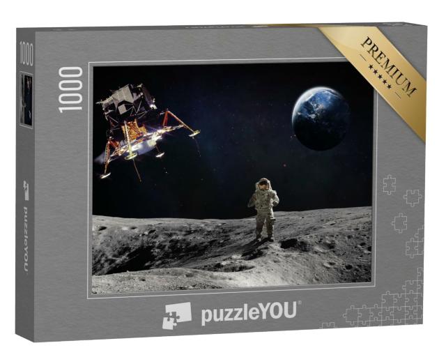 Puzzle de 1000 pièces « Surface lunaire avec astronaute et vaisseau spatial en train d'atterrir »