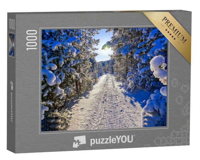 Puzzle de 1000 pièces « Chemin dans la forêt hivernale enneigée »
