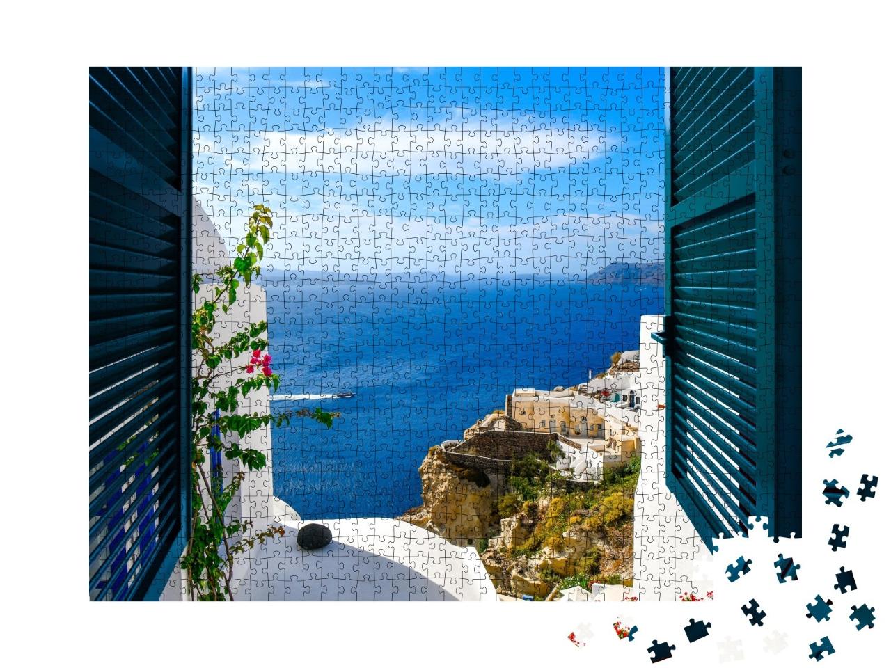 Puzzle de 1000 pièces « Vue d'une fenêtre dans le village d'Oia sur l'île de Santorin, Grèce »