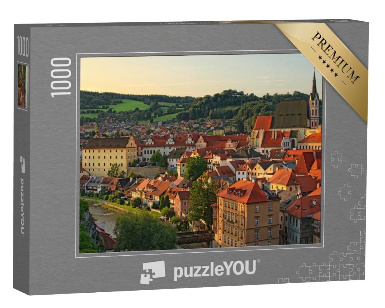 Puzzle de 1000 pièces « Vue matinale de la ville avec des toits de tuiles rouges, Krumau, République tchèque »