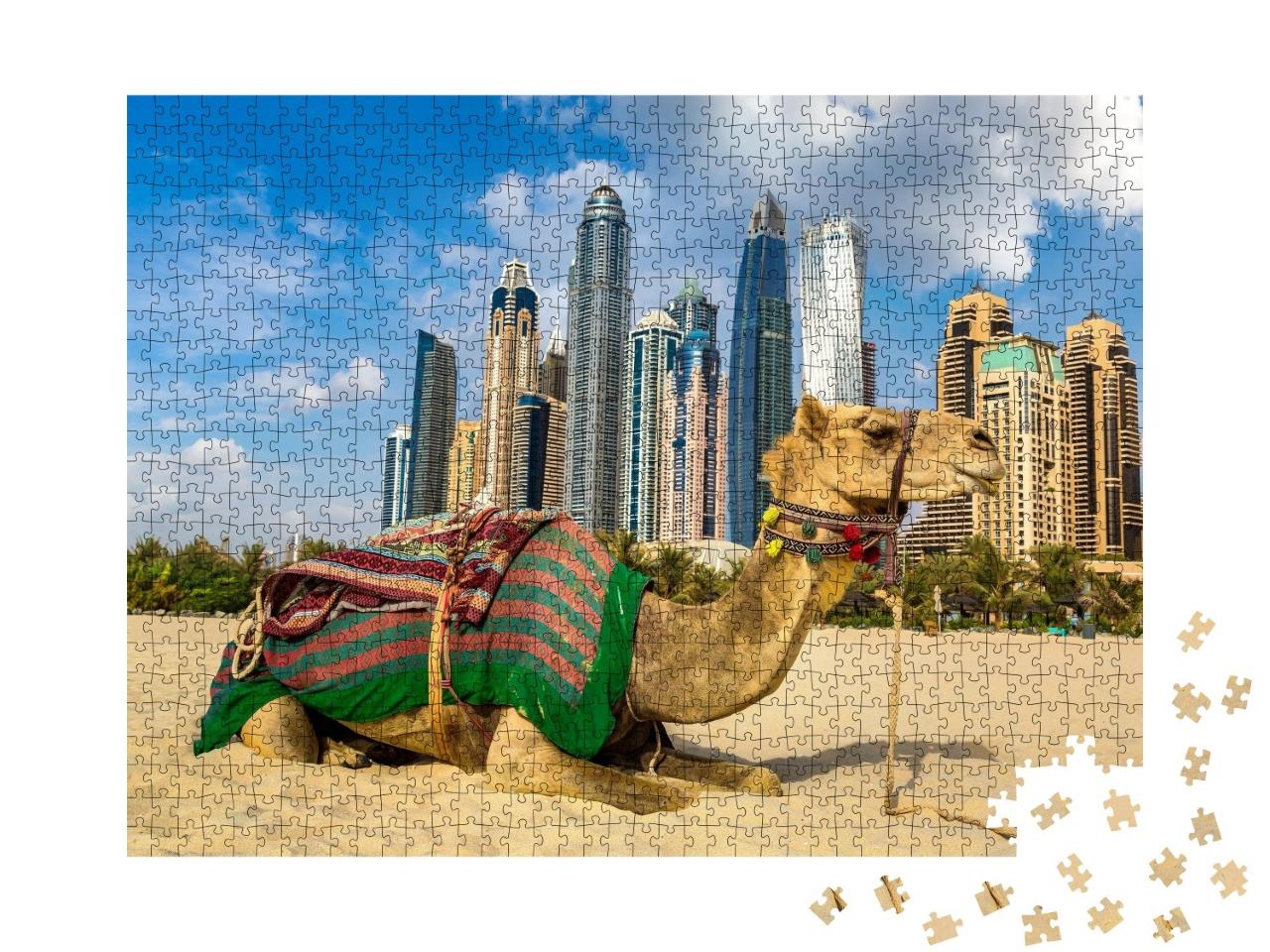 Puzzle de 1000 pièces « Chameau devant le skyline de la marina de Dubaï, Émirats arabes unis »