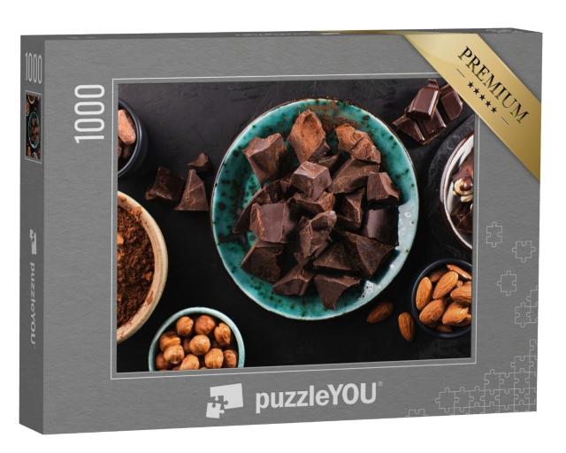 Puzzle de 1000 pièces « Morceaux de chocolat, cacao en poudre et noix »