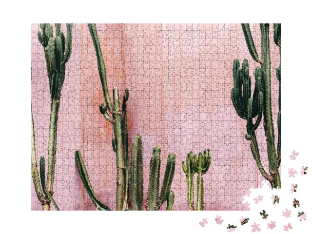 Puzzle de 1000 pièces « Des cactus devant un mur rose »
