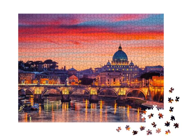 Puzzle de 1000 pièces « Vue nocturne de la basilique Saint-Pierre et du fleuve Tibre à Rome, Italie »