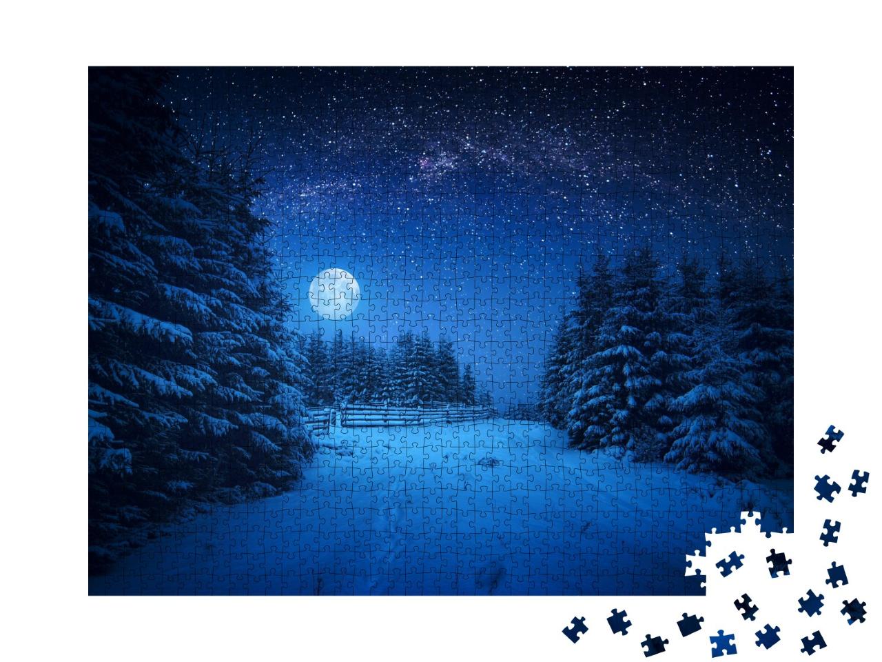 Puzzle de 1000 pièces « Pleine lune sur une nuit d'hiver dans la forêt »